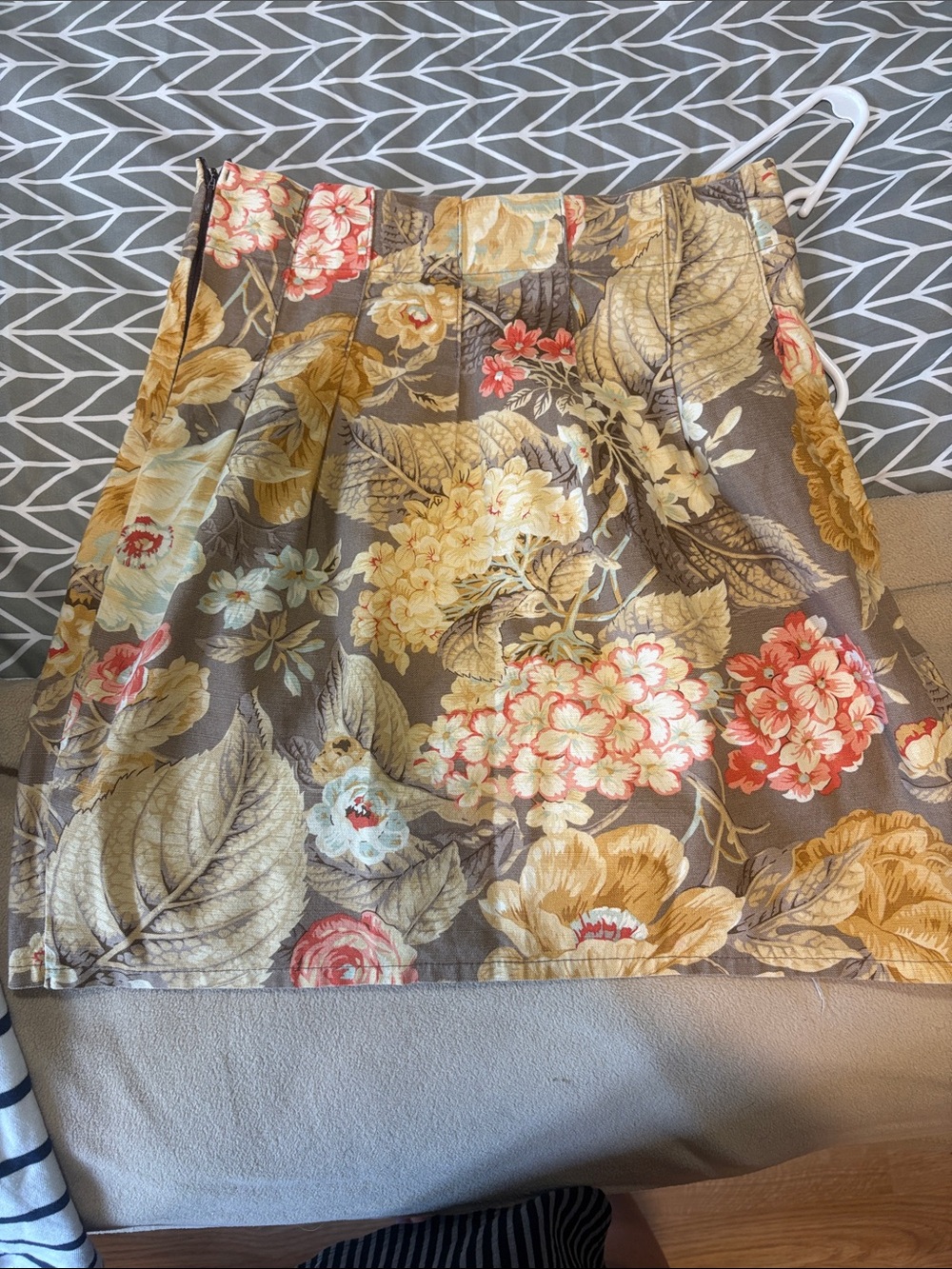 Floral Pleated Mini Skirt - Taupe with Coral & Cream Flowers